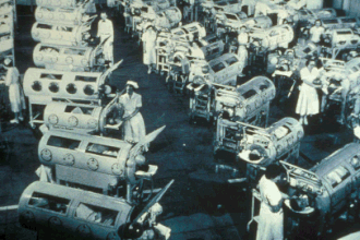 Iron lungs, Rancho Los Amigos Hospital, Downey, California, United States, circa 1953.