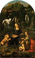 Virgin of the Rocks oil on canvas medium QS:P186,Q296955;P186,Q12321255,P518,Q861259 199 × 122 cm (78.3 × 48 in) Musée du Louvre, Paris