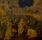 Adoration of the Magi oil on panel medium QS:P186,Q296955;P186,Q287,P518,Q861259 246 × 243 cm (96.8 × 95.6 in) Galleria degli Uffizi, Florence