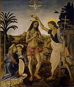 The Baptism of Christ oil on panel medium QS:P186,Q296955;P186,Q287,P518,Q861259 177 × 151 cm (69.6 × 59.4 in) Galleria degli Uffizi, Florence