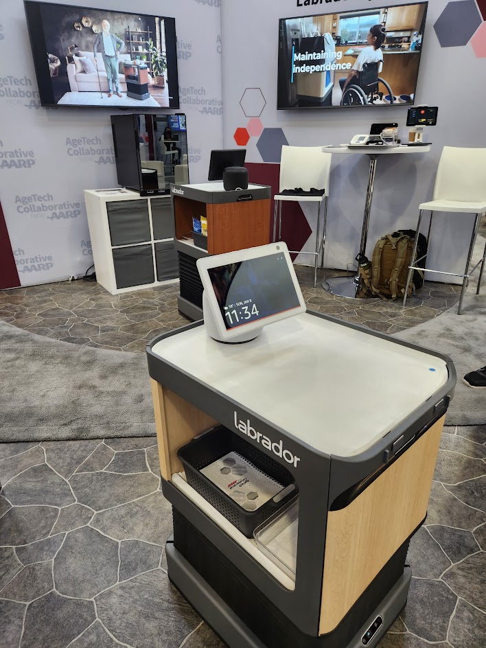 Two Retrievers from Labrador Robotics in the AARP Innovation Lab Pavilion at CES 2023. (Image source: Andra Keay)