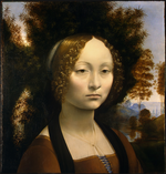 Ginevra de' Benci oil on panel medium QS:P186,Q296955;P186,Q287,P518,Q861259 42 × 37 cm (16.5 × 14.5 in) National Gallery of Art, Washington, D.C.